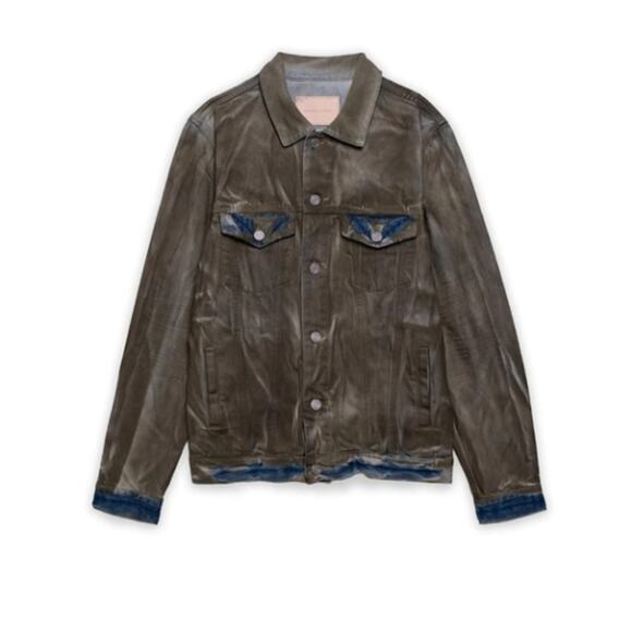 PURPLE BRAND Dirty Resin Coat Distressed Painted Denim Jacket Green Sz S {3U35} - Picture 3 of 7